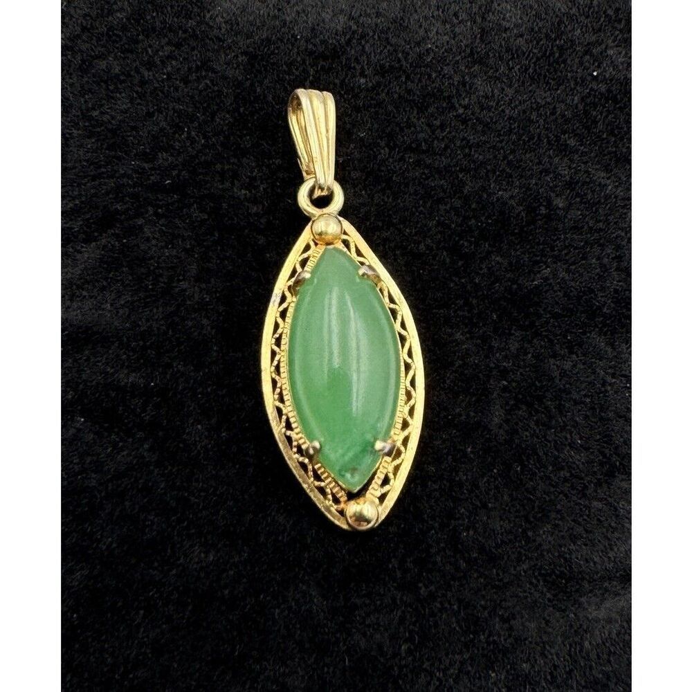 Vintage 1/20 12k GF Sorrento Marquise Jadite Filigree Pendant Estate Jewelry